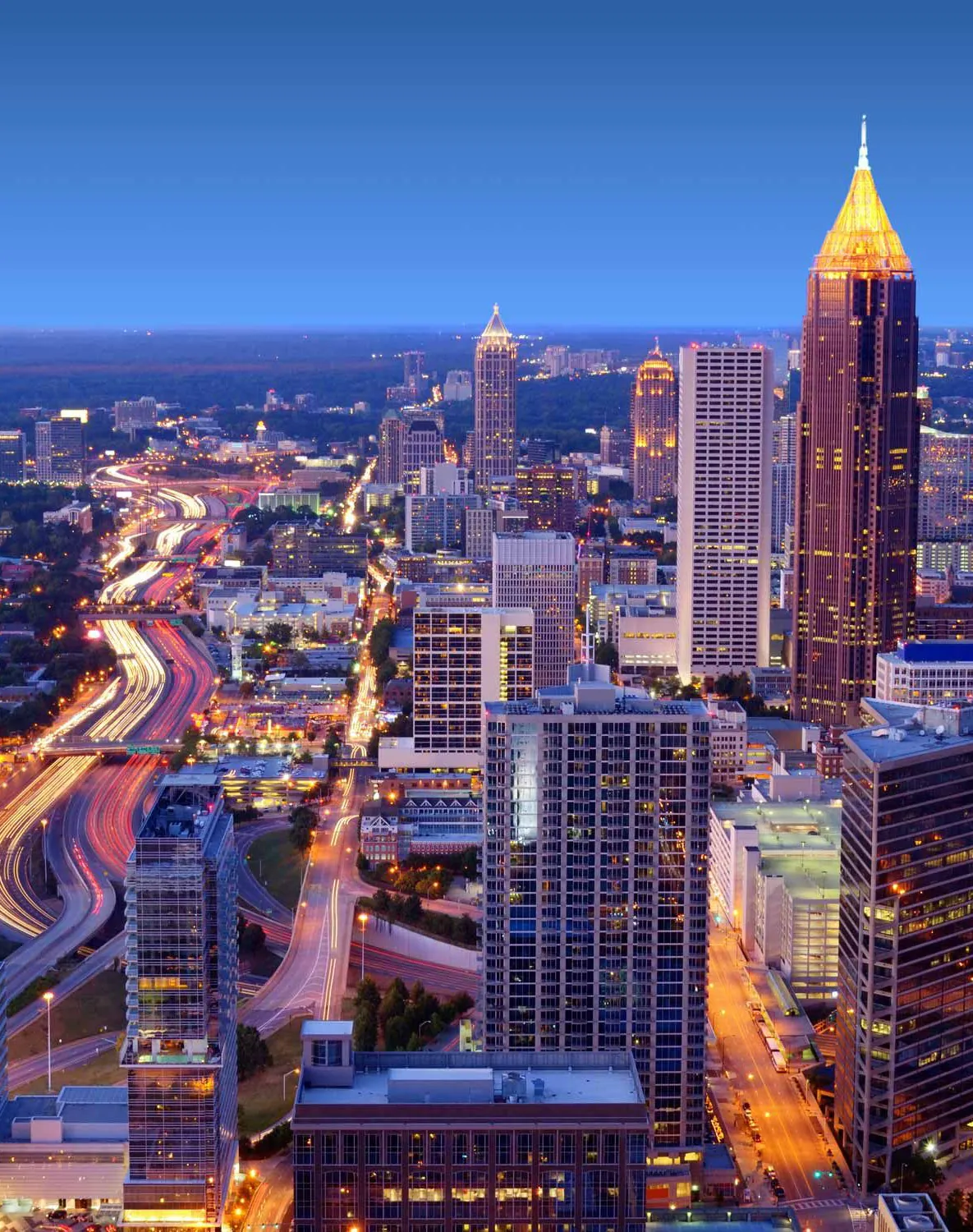 A city skyline at dusk