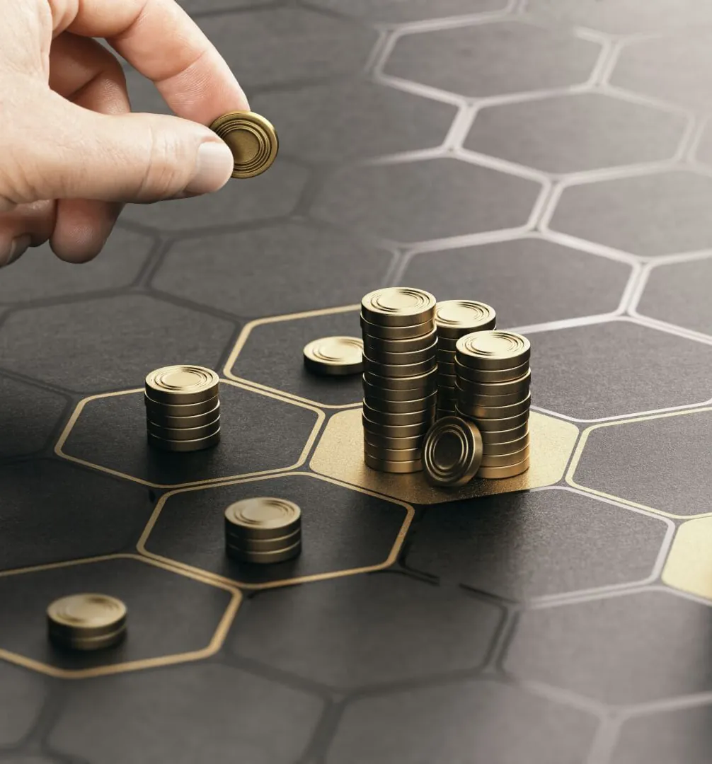 Gold coins placed deliberately across a hexagonal grid